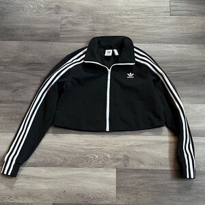 adidas Black Cropped Track Jacket with White Stripes and Trefoil
